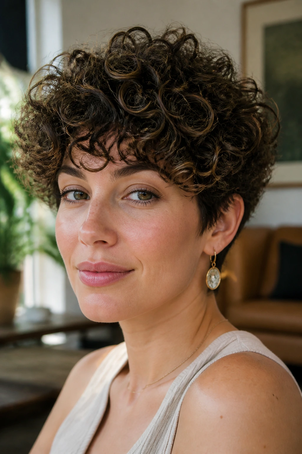 Close-up of real person with curly layered crop showing crown lift and controlled sides, natural window light.