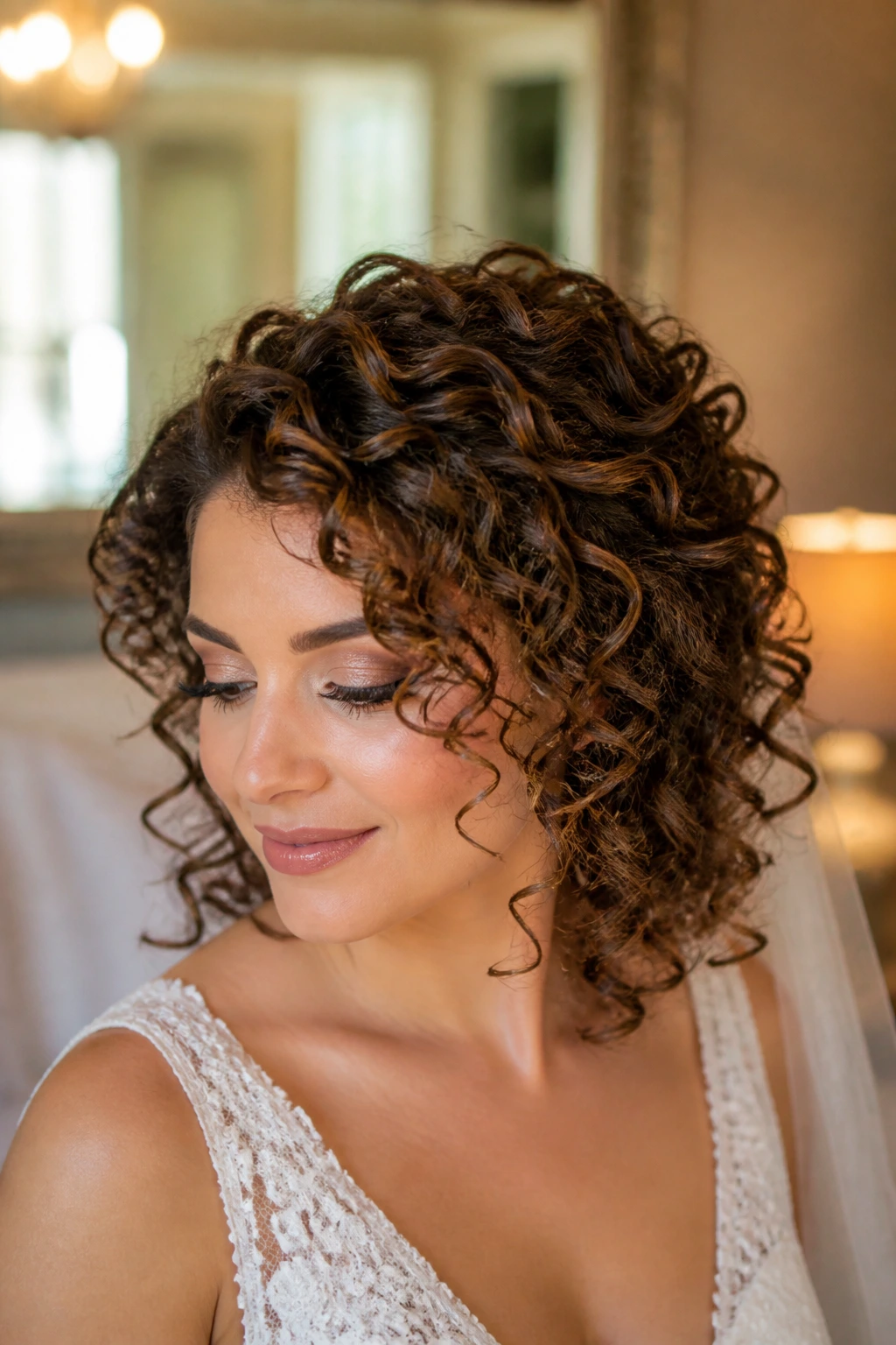 Close-up of real bride with curl-defined layered haircut.