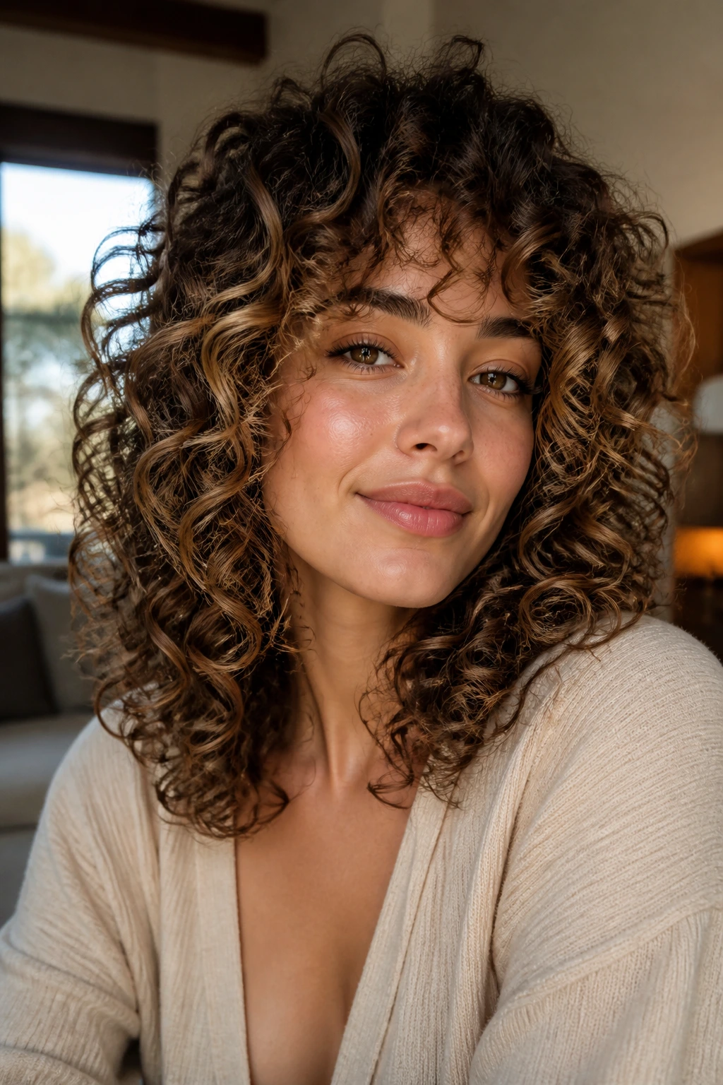 Close-up portrait of a real person with curly layered haircut showing crown lift and soft facial framing