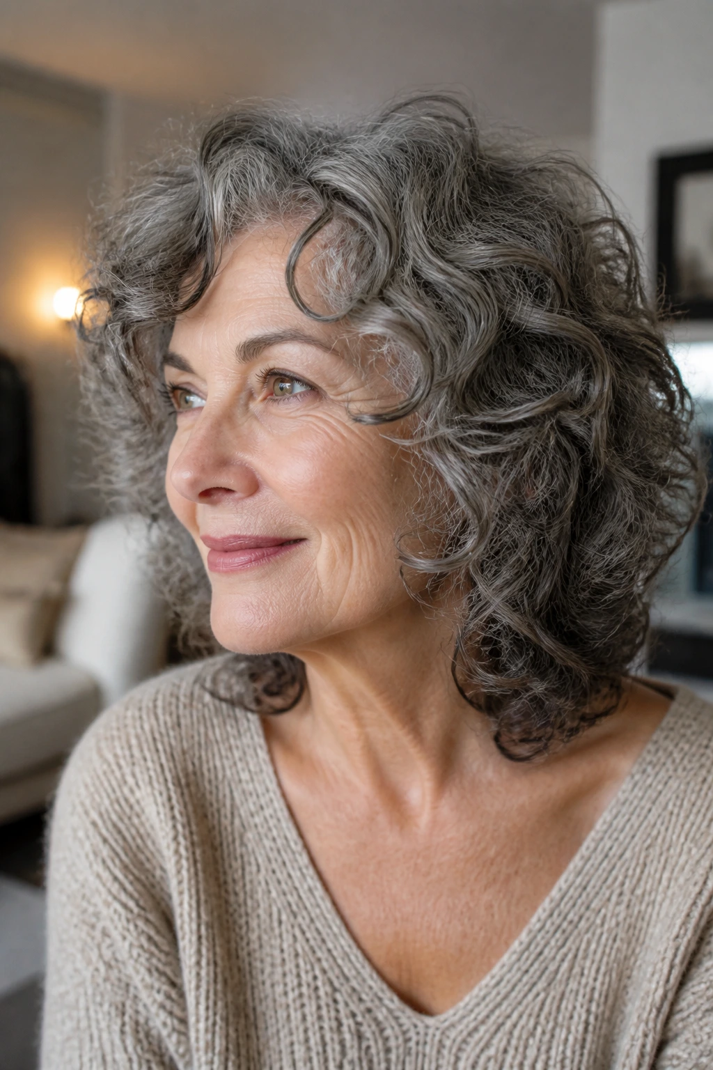 Portrait of a woman with curly layered hair