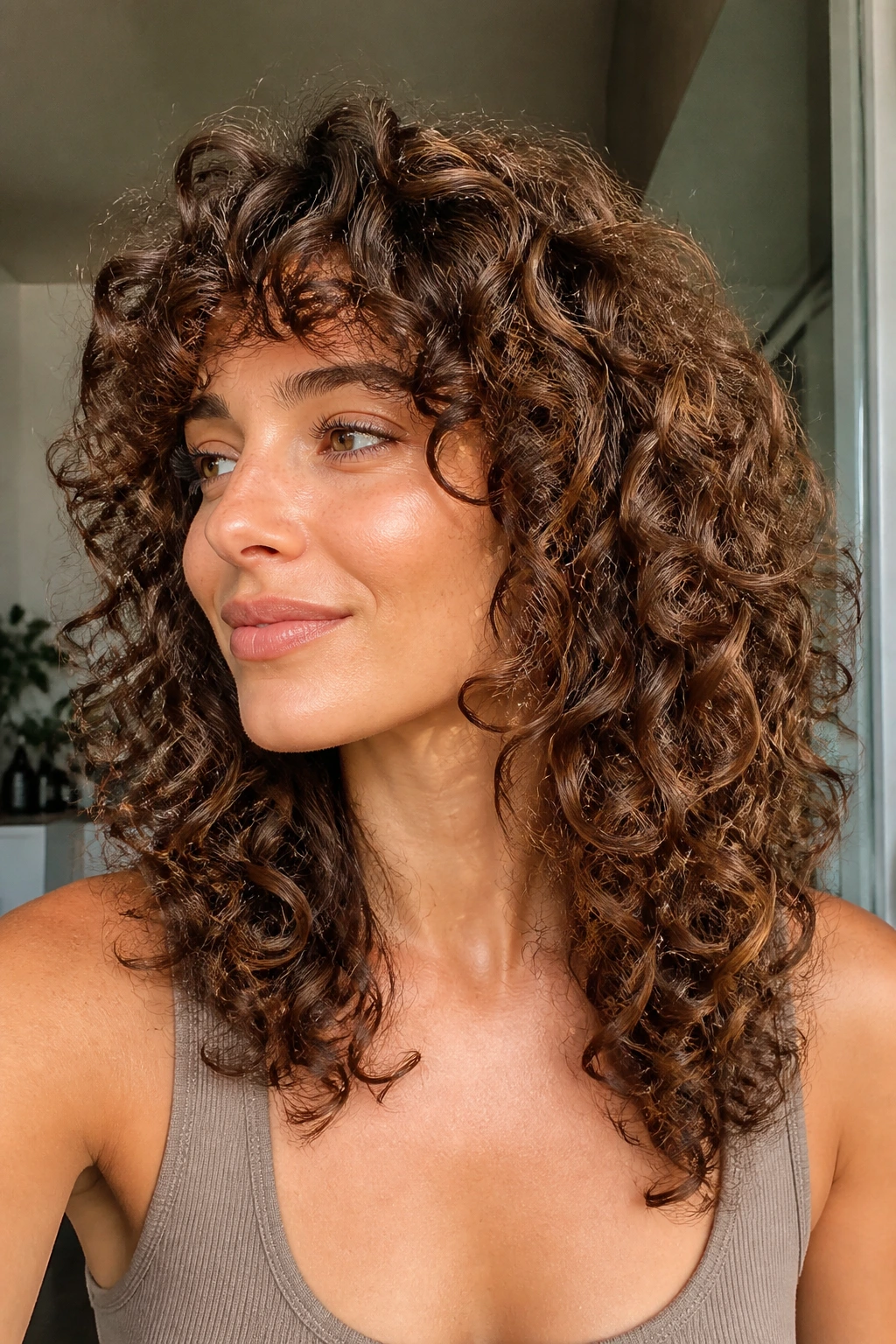 Real person with curly layers showing defined bounce and clumped curls.