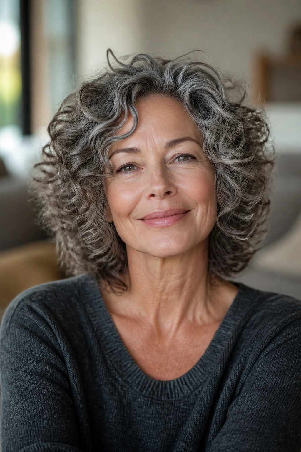 Close-up of a real woman with curly layered hair showing shape and bounce.