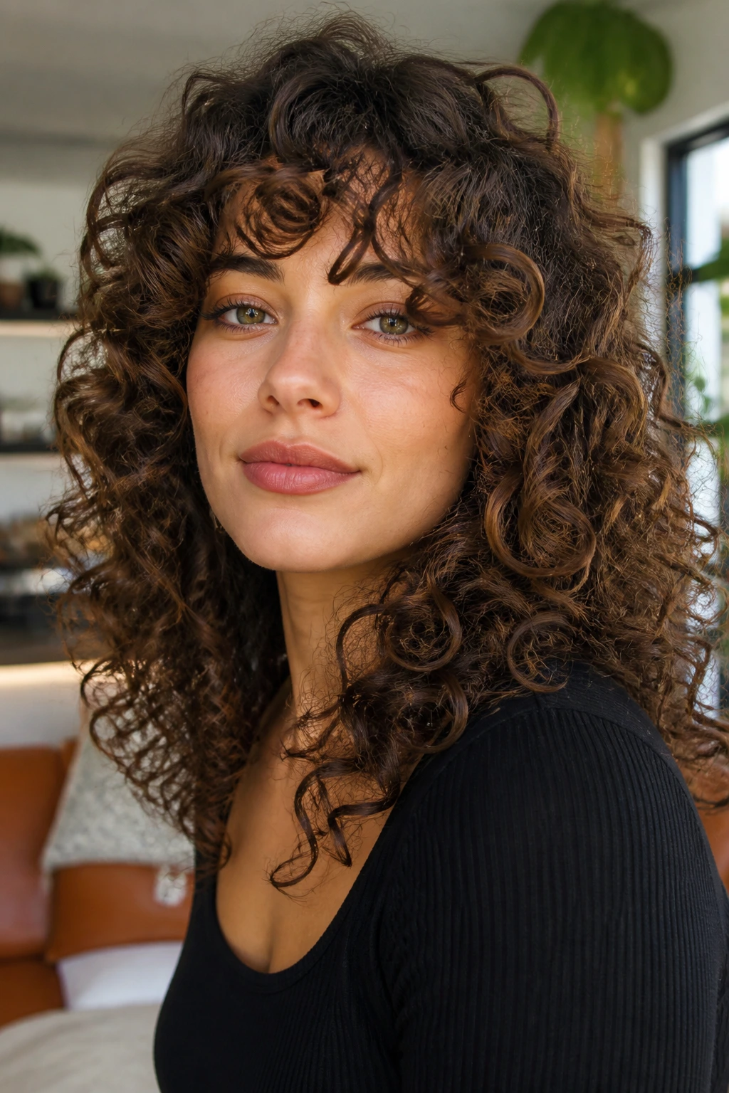 Close-up portrait of a real person with curly layers and curly bangs at eye level