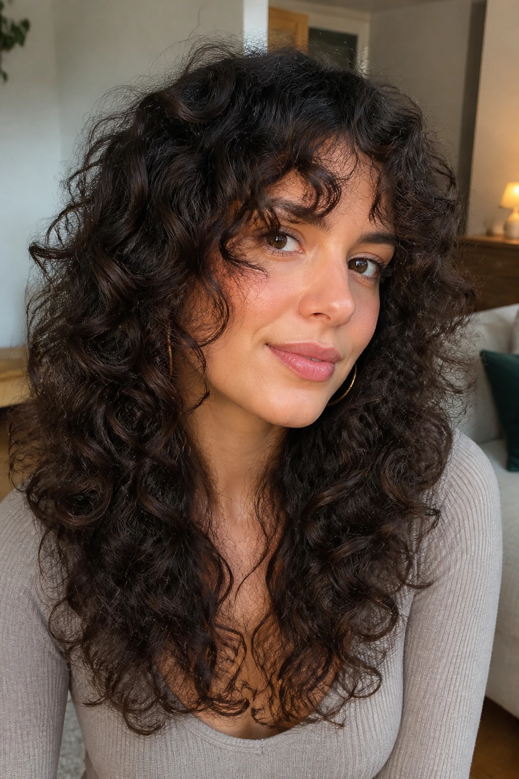 Close-up of a real woman with curly layers and curly curtain bangs.