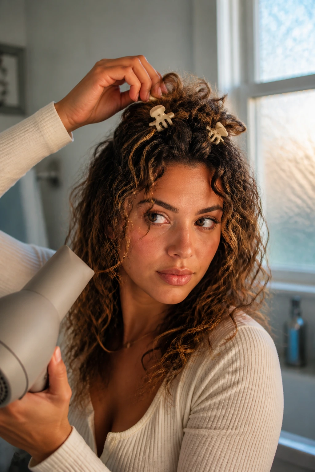 Close-up of a real person clipping the crown to lift curly layers during drying, in a warm bathroom