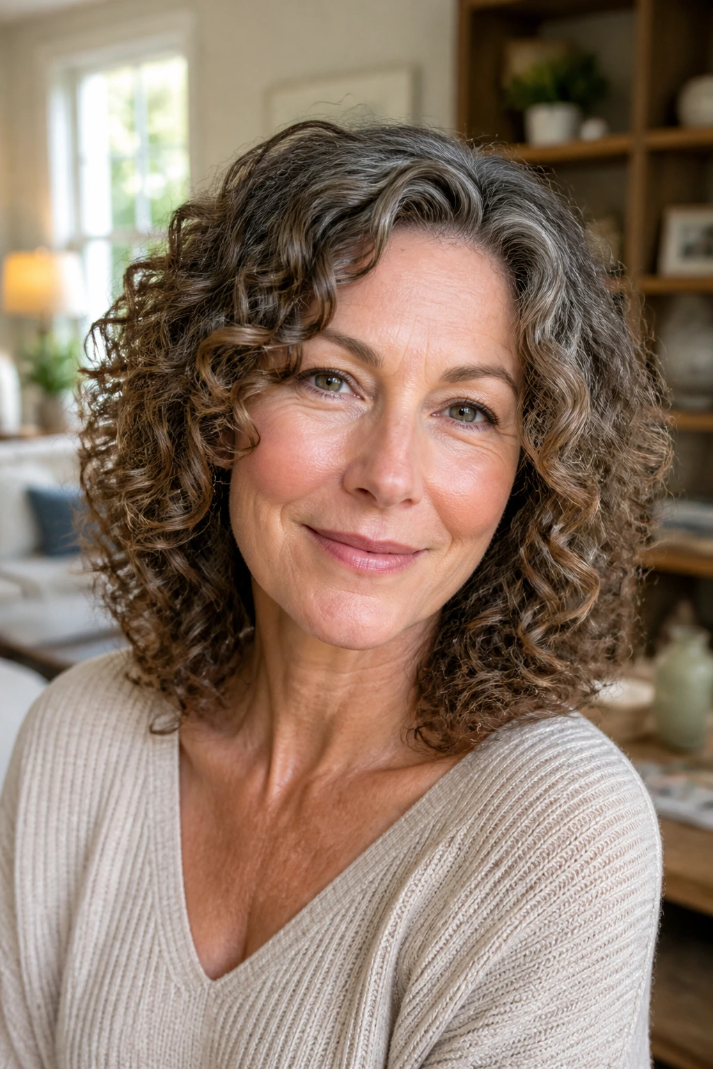 Close-up portrait of a real woman with shoulder-length curly hair showing layered curls and rounded shape.