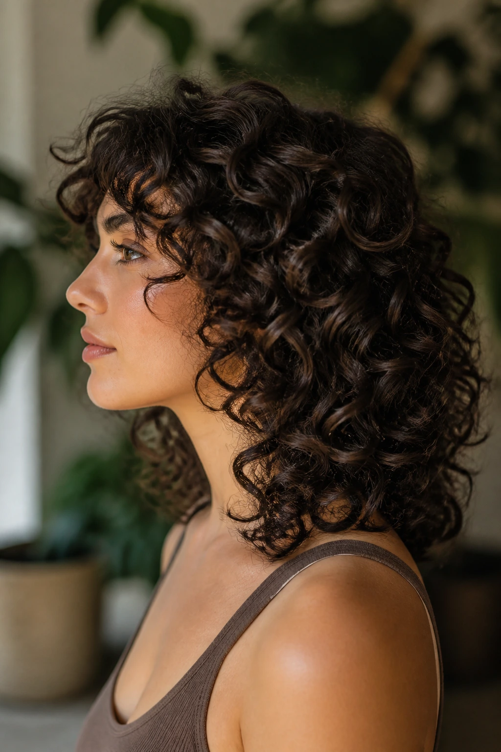 Real person wearing curly layers with a clear, defined silhouette from the side.