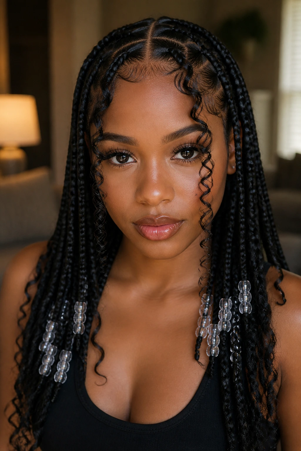 Close-up portrait of a real woman with curly leave-out tribal braids.