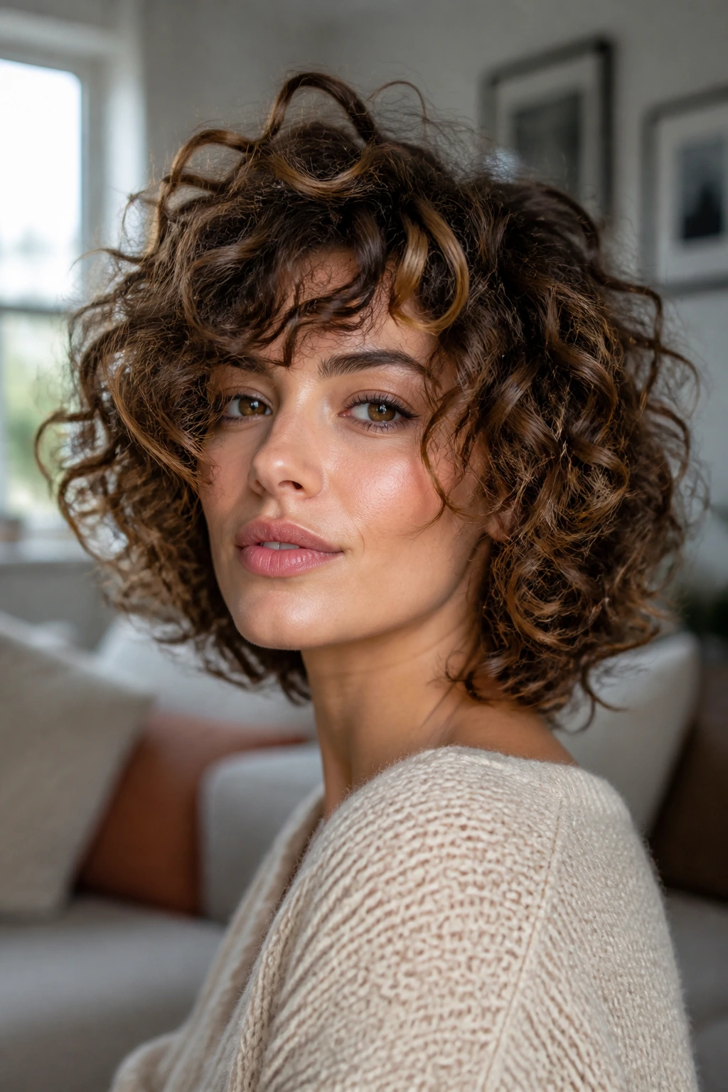 Close-up of a real woman with lifted crown curls