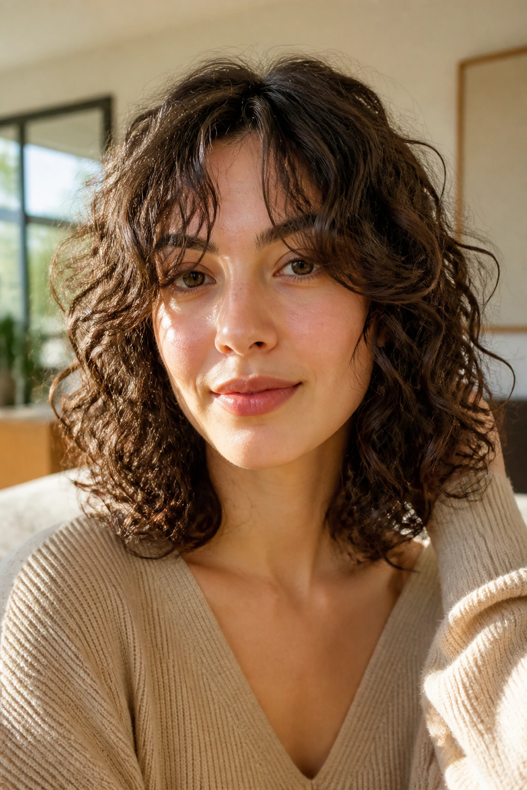 Close-up portrait of a real woman with curly lob and rounded curtain bangs in soft window light