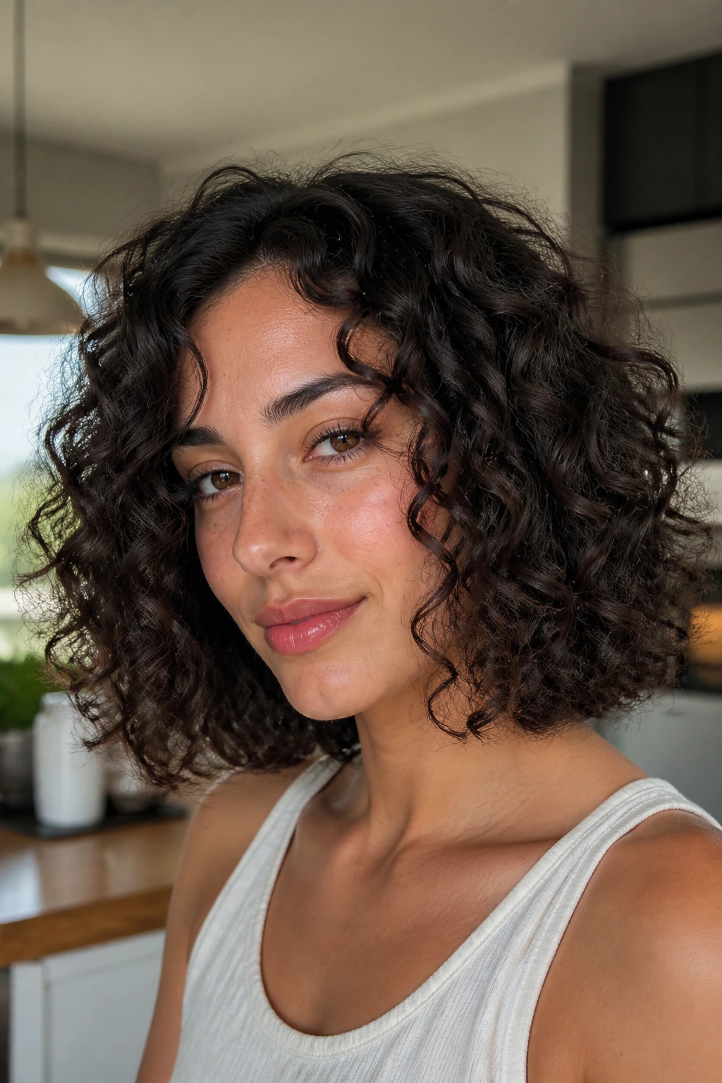 Close-up of curly lob with blunt ends on a real person.