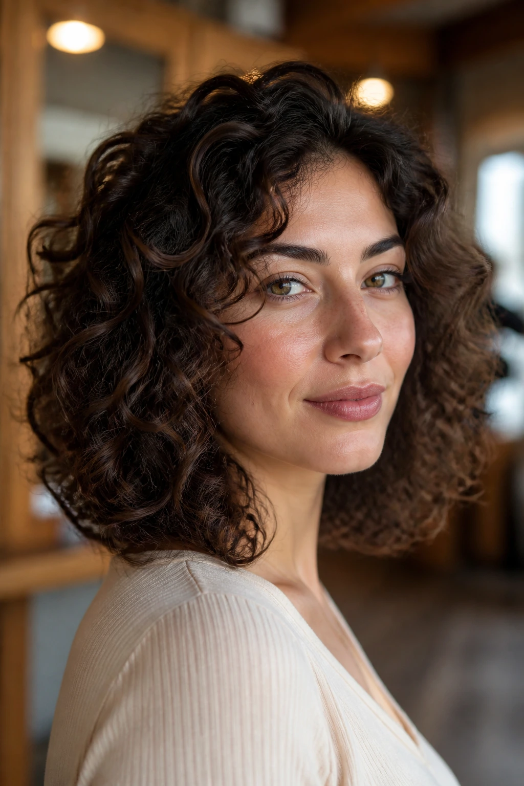 Close-up of a real woman with a curly lob showing natural bounce in a warm salon setting