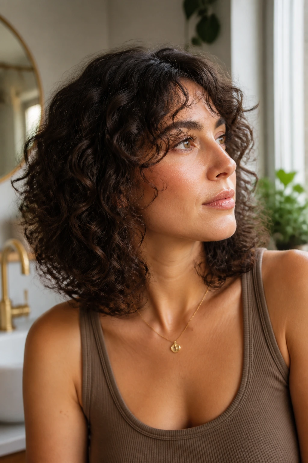 Close-up of a real person with a curly lob showing crisp trim and grow-out length under natural bathroom light