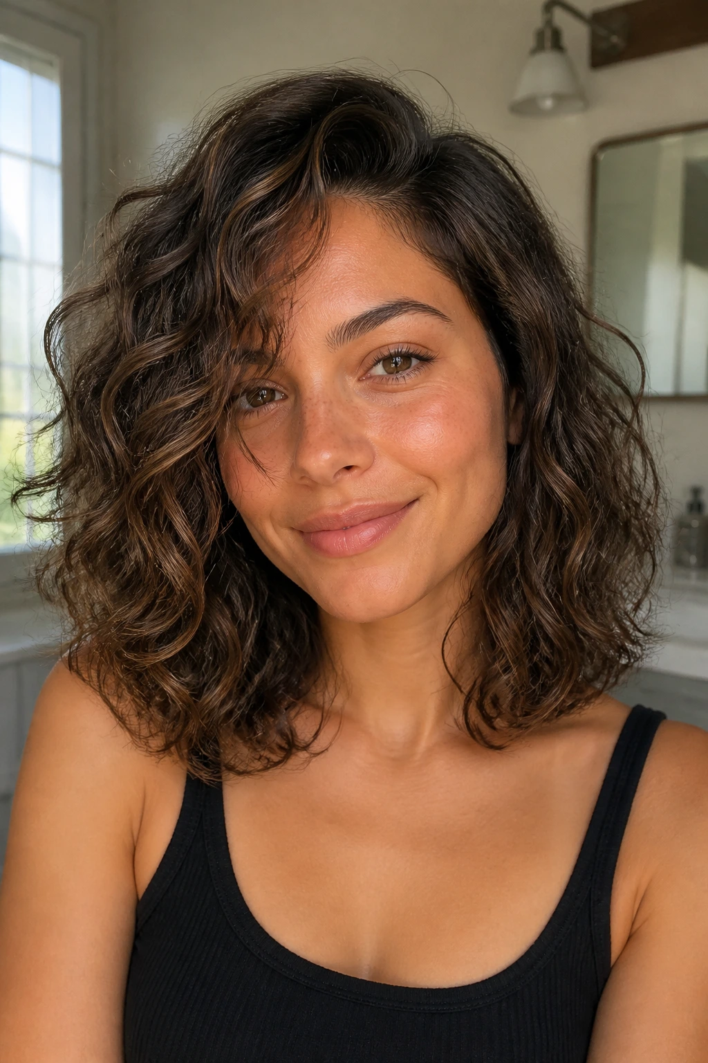 Close-up of clavicle-length curly lob with soft ends on a real woman, side-parted, warm light