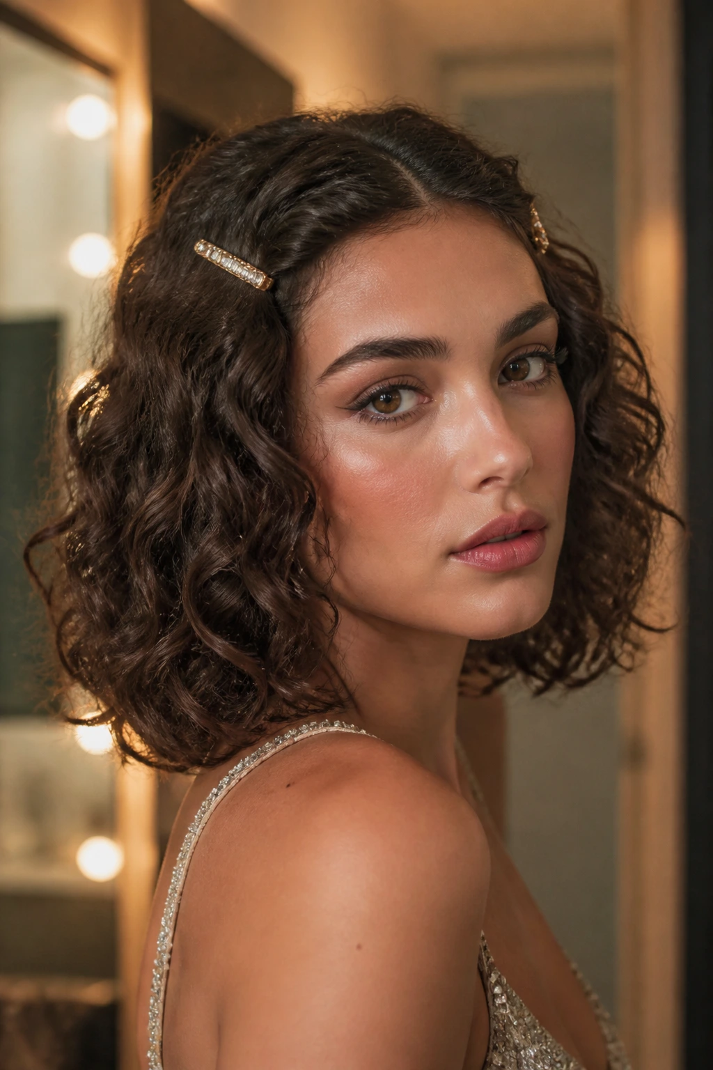 Close-up of real woman with curly lob and clipped-back front pieces.