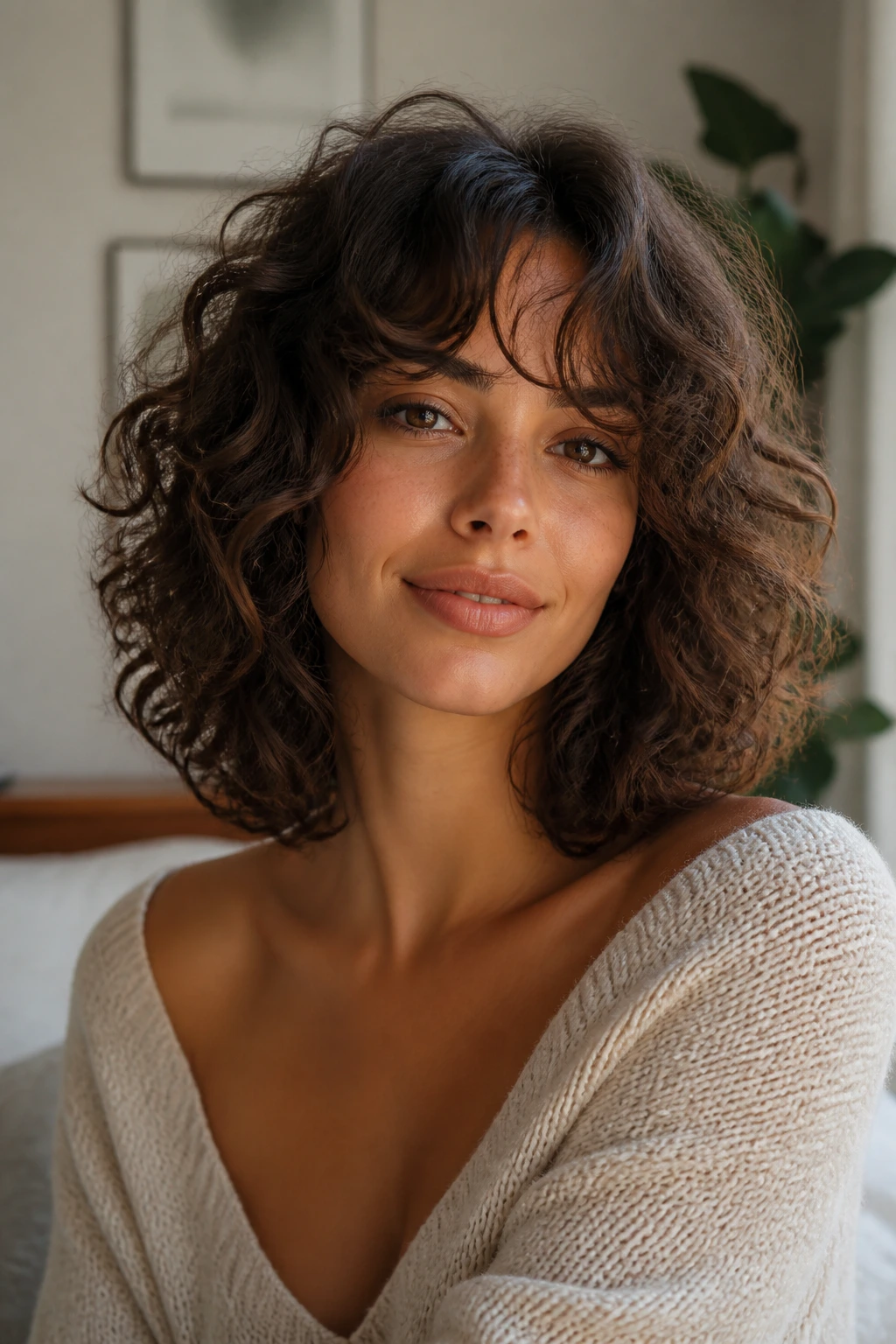 Portrait of a real woman with shoulder-length curly lob and curtain bangs.