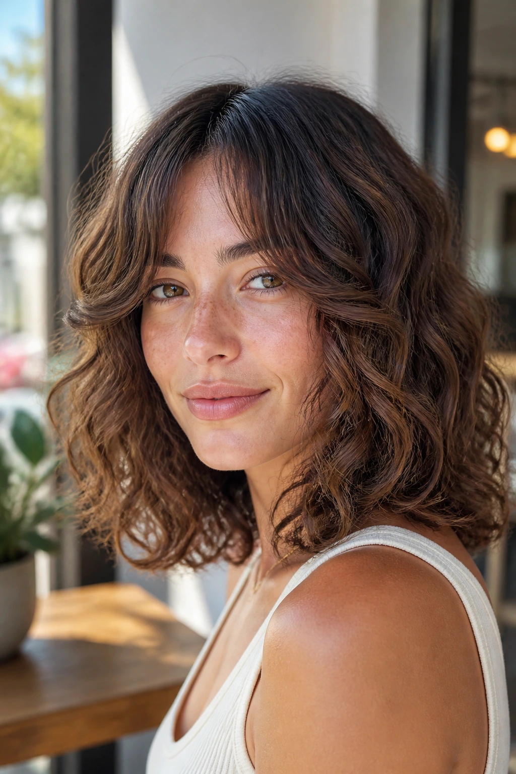 Portrait of a real woman with curly lob and curtain bangs framing the face