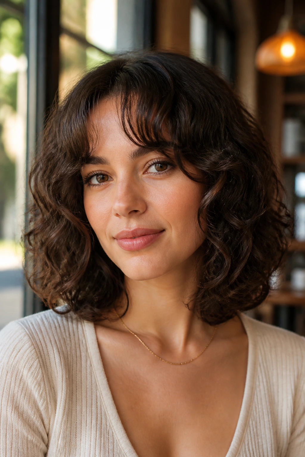 Real person with curly lob and curtain bangs