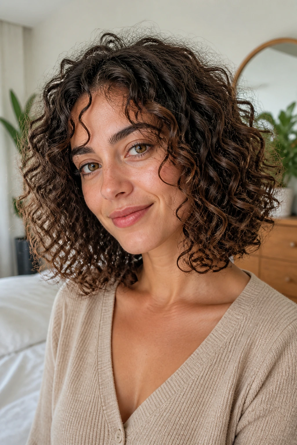 Close-up of a real woman with curly defined lob and rounded curling