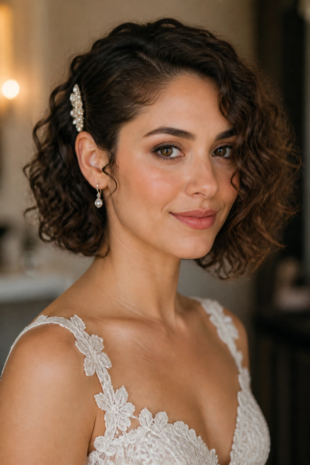 Bride with curly lob tucked behind one ear featuring a jewel pin