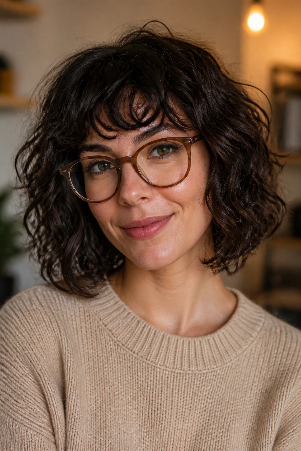 Real woman portrait with curly lob and piecey fringe