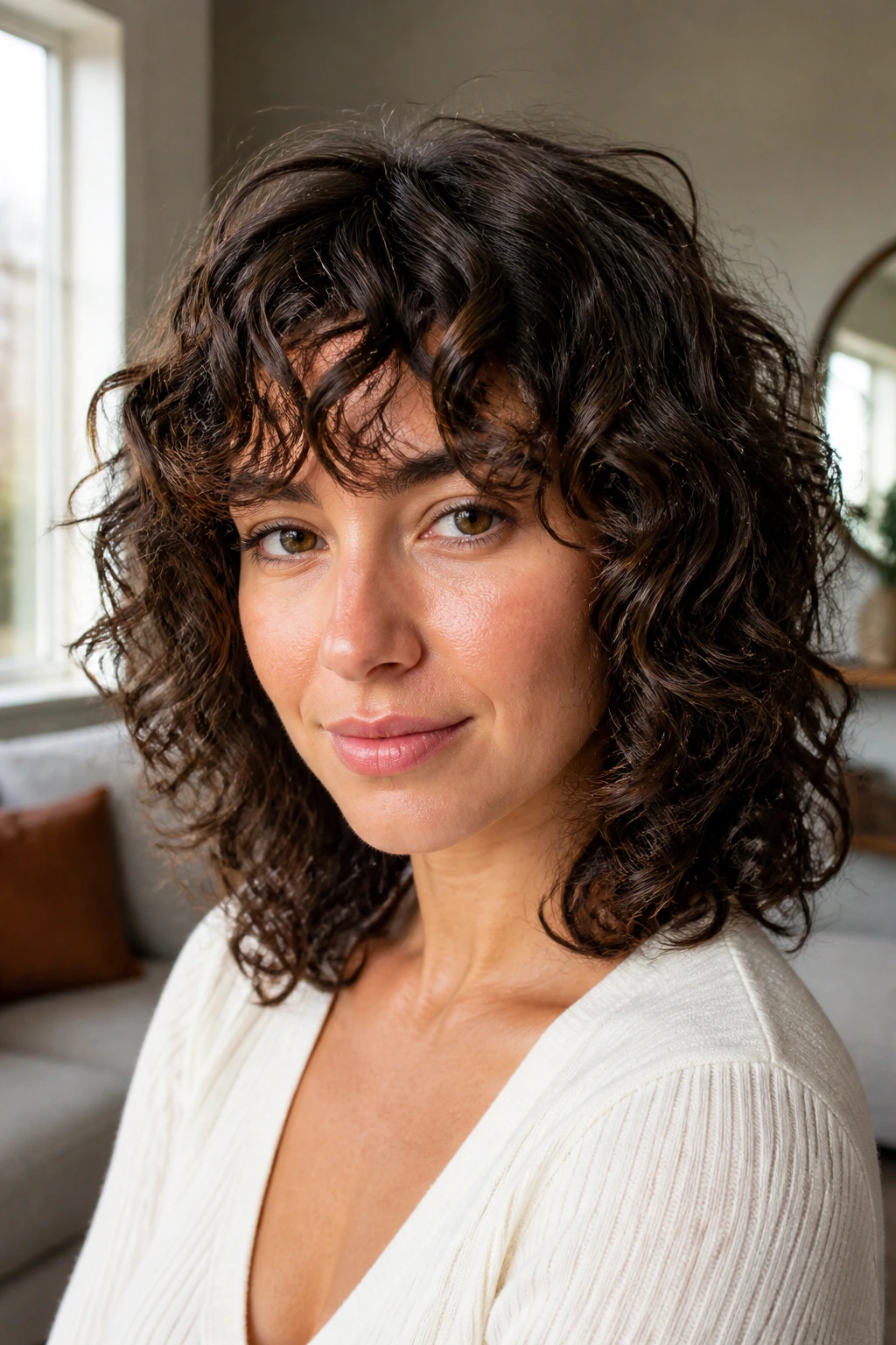 Close-up portrait of a real woman with a curly lob and curly fringe in warm window light