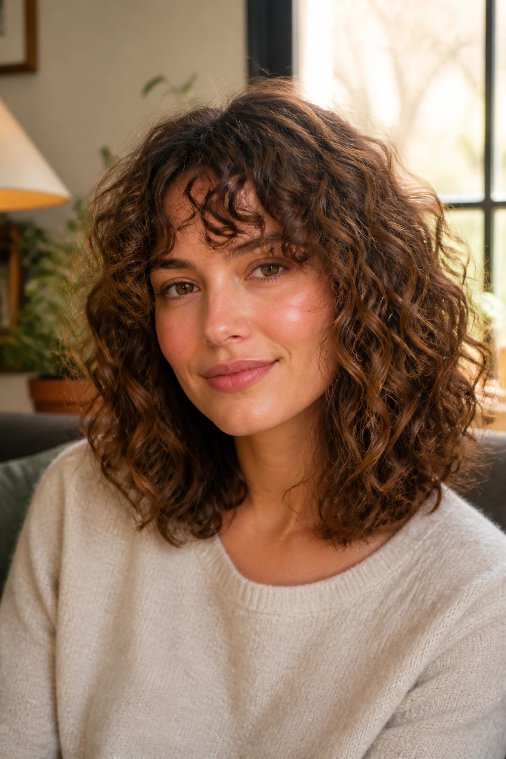 Close-up of a woman with a long fringe on a curly lob