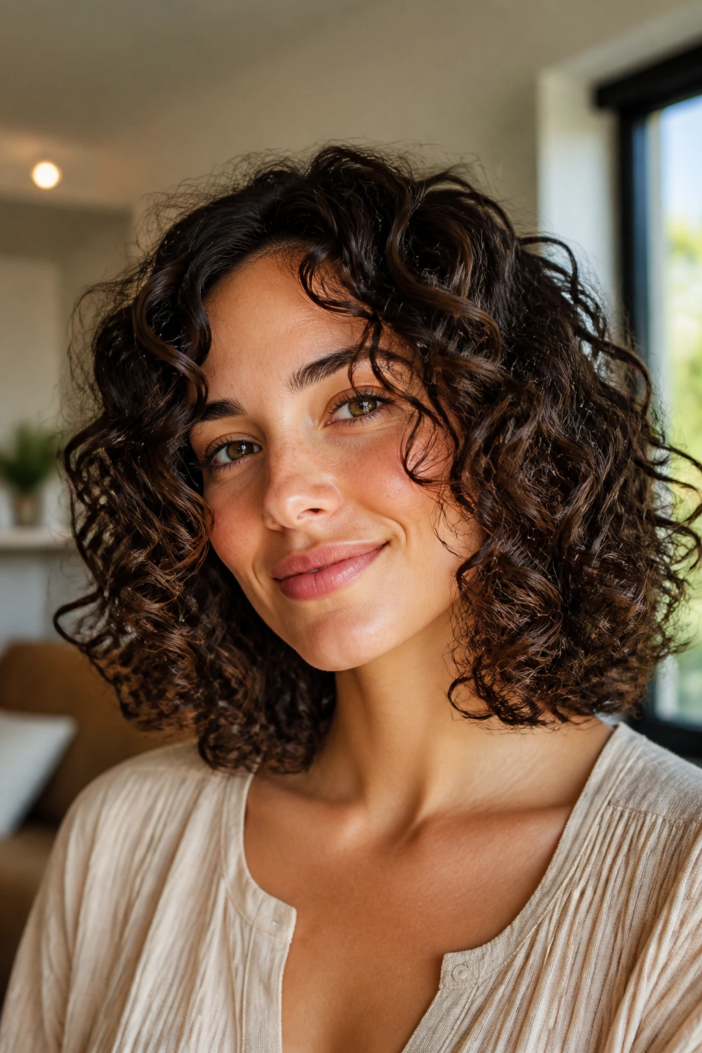 Close-up portrait of a real person with Curly Rounded Lob hairstyle in a sunlit living room