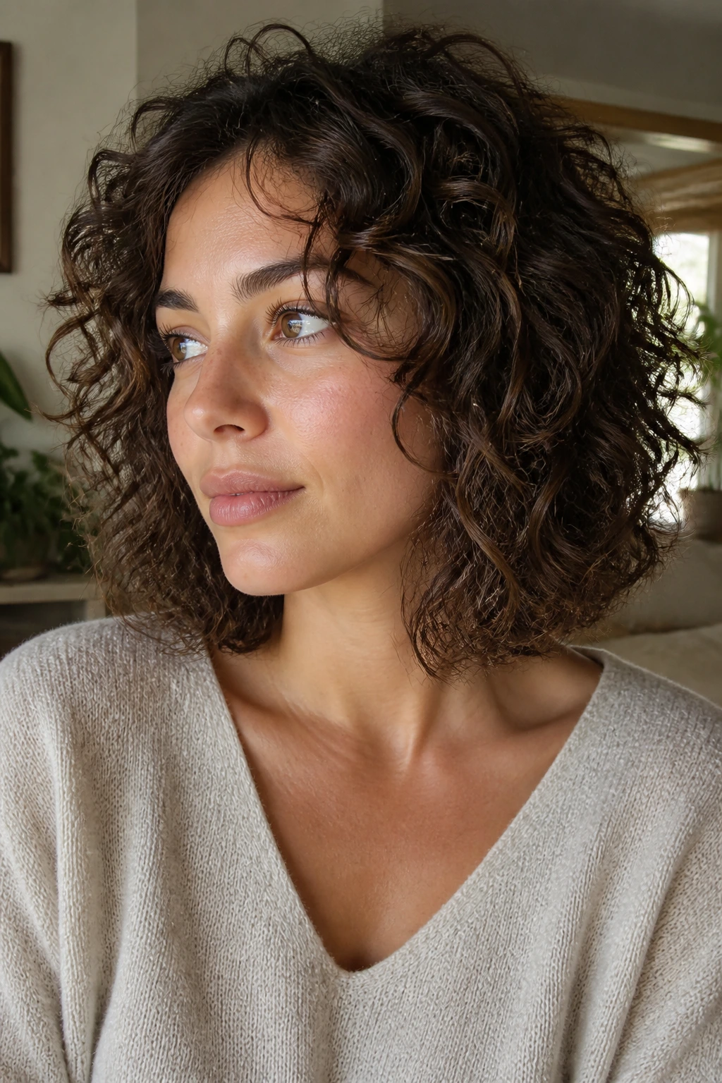 Close-up portrait of a real woman with Curly Choppy Lob in warm natural light