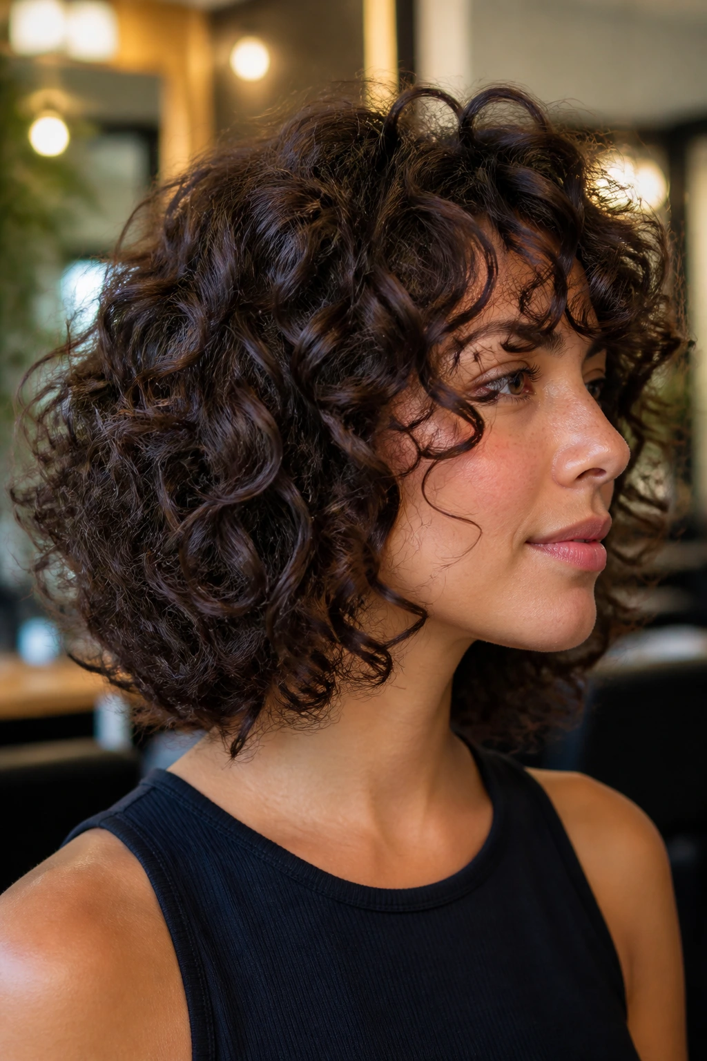 Profile portrait of a person with curly lob haircut in a salon