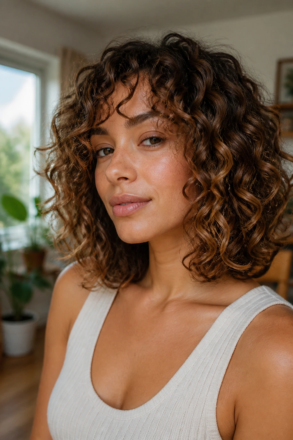 Close-up portrait of a real woman with a curly lob hairstyle in warm window light