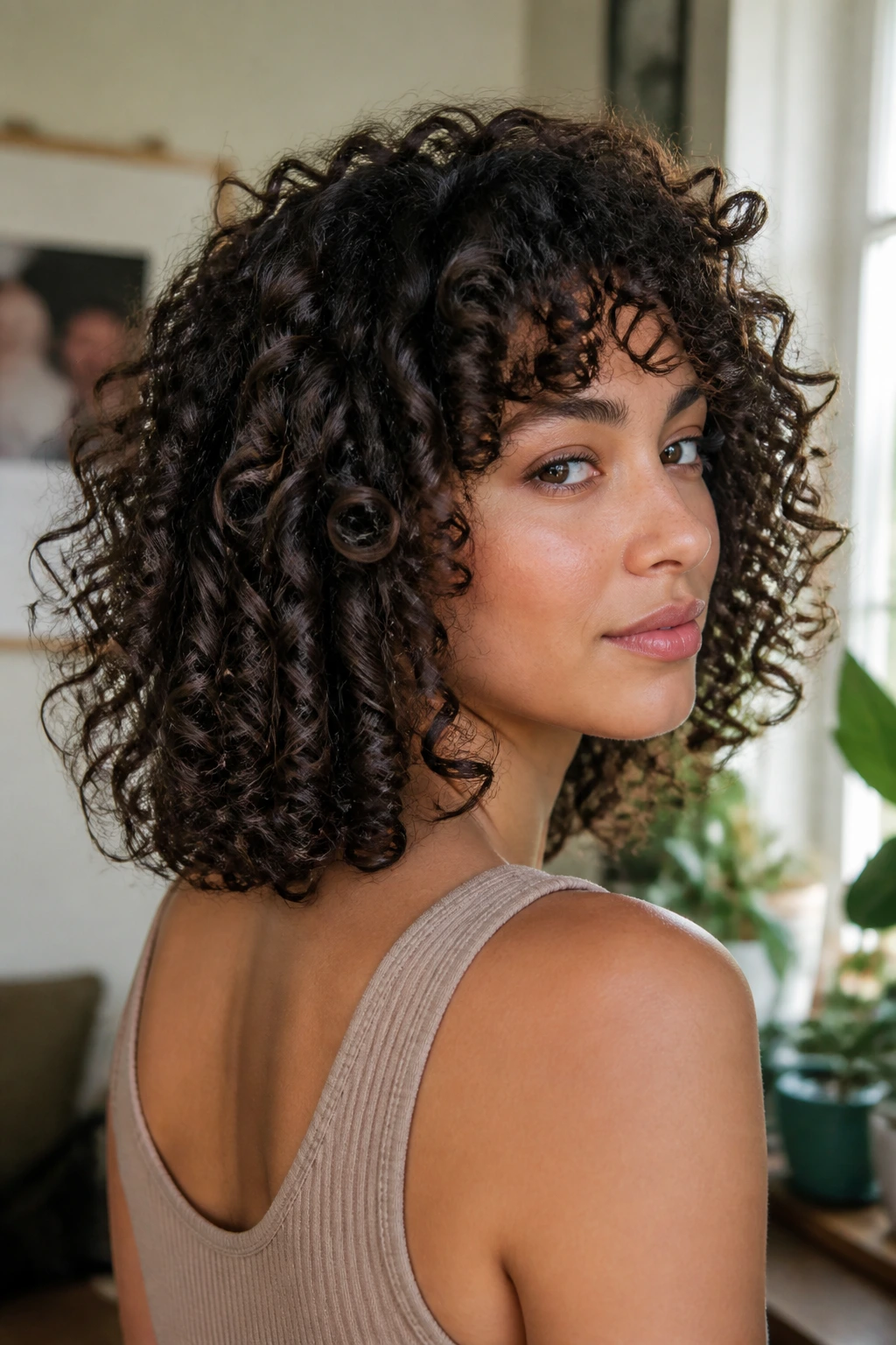 Portrait of a real person with a curly lob hairstyle being styled