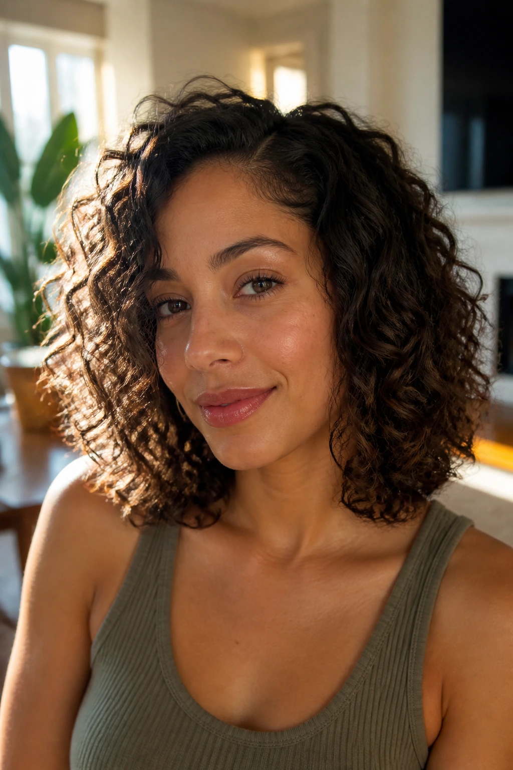 Close-up portrait of a real woman with a curly lob at collarbone length