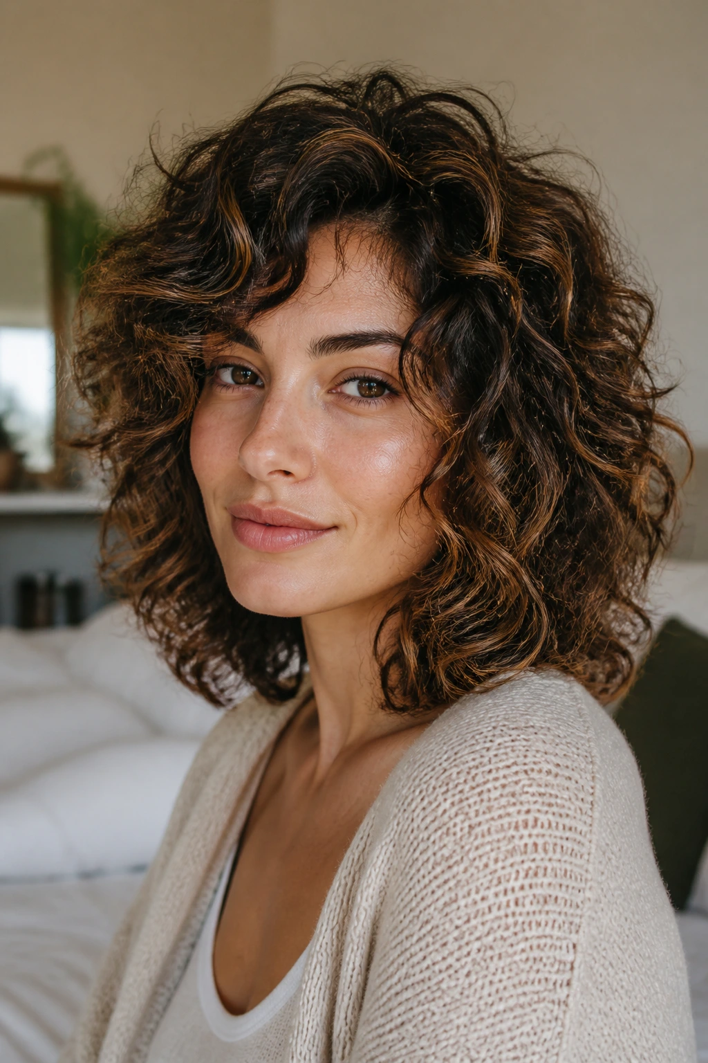 Close-up portrait of a real woman with a curly lob and lifted crown in soft natural light