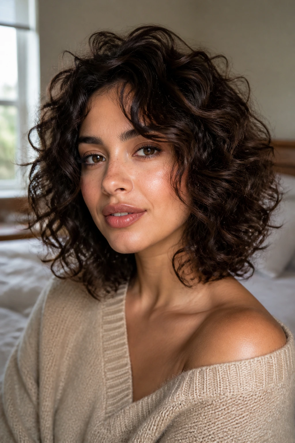 Close-up of a real woman with a curly lob and layered ends.