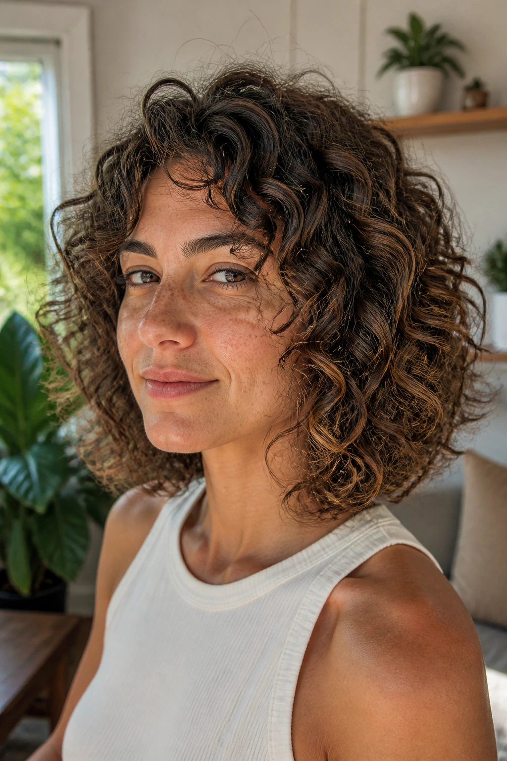 Real person with curly lob and dry layers shown in a sunlit living room