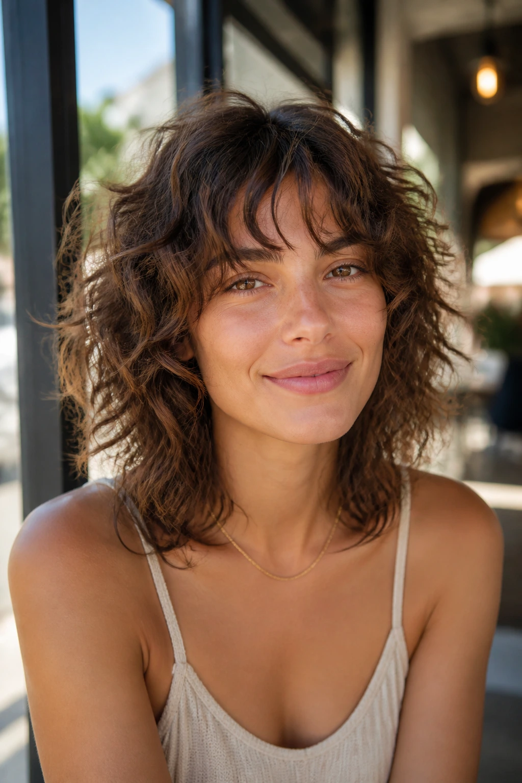 Shoulder-length curly lob with piecey ends on a real woman