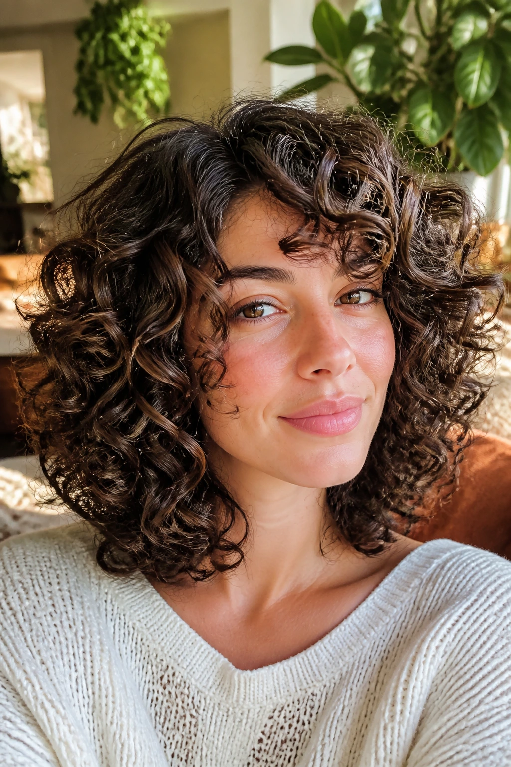 Close-up of a real person with curly lob and defined curls