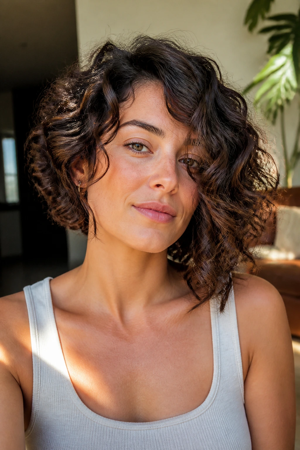 Close-up of a real woman with an asymmetrical curly lob, one side lower and curls stacked differently in warm natural light