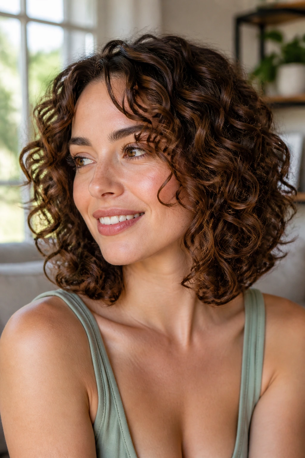 Close-up portrait of a real woman with a curly rounded lob, soft curls and natural window light