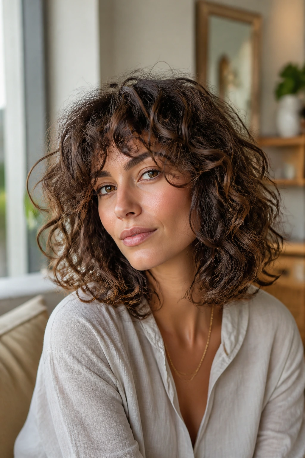 Close-up portrait of a real person with curly lob shag by a sunlit window
