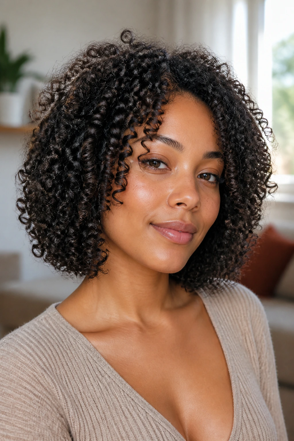 Close-up of a real woman with curly lob hairstyle in a bright living room