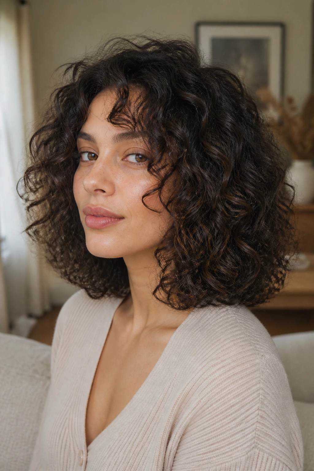 Portrait of a real person with a curly lob showing a clear silhouette that lets curls breathe