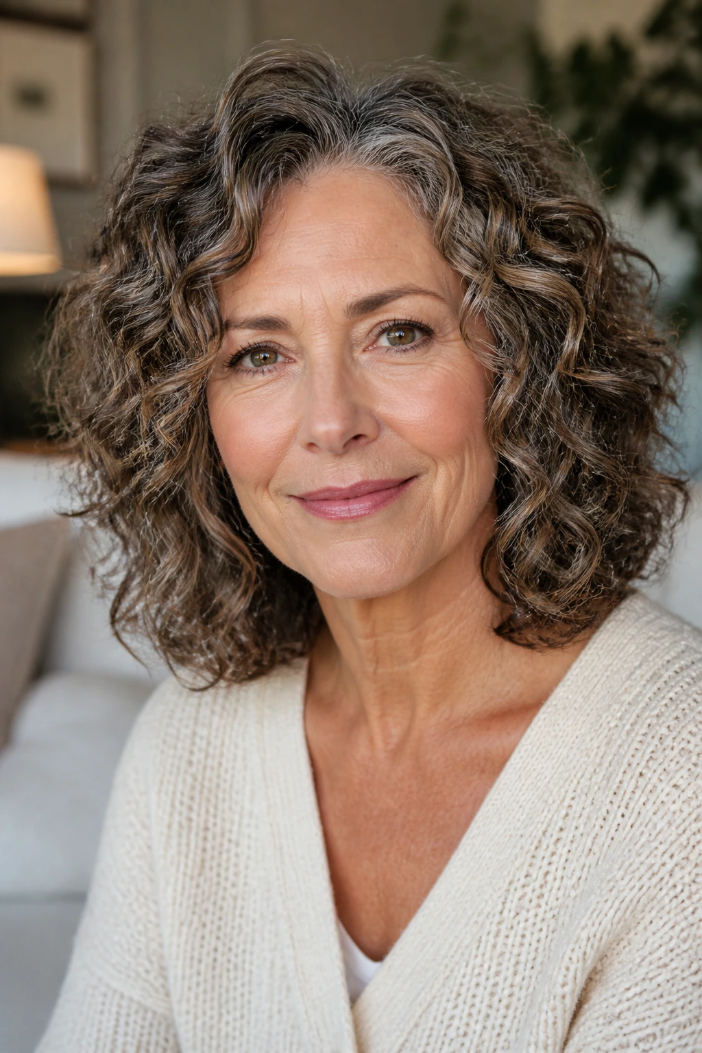 Portrait of a real woman with curly shoulder-length lob in natural window light