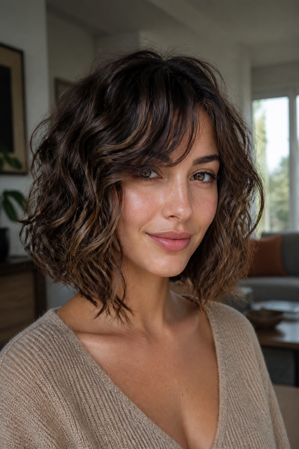 Portrait of a person with curly lob and stretchy side bangs in a cozy indoor setting