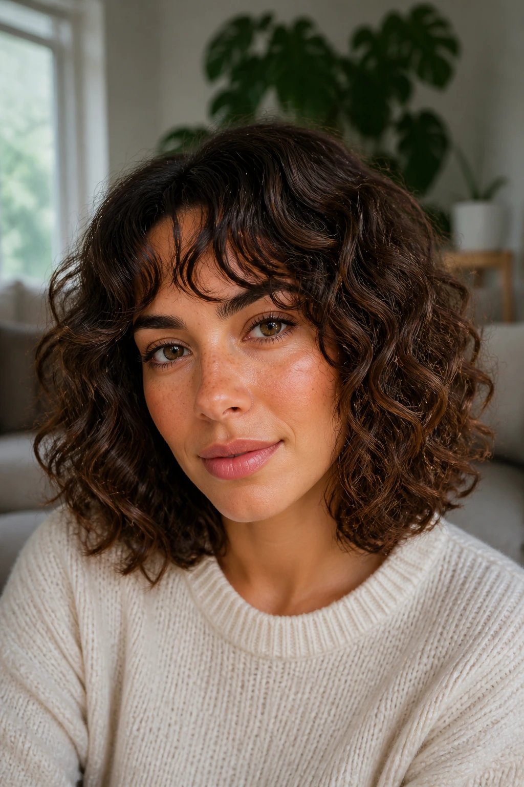 Close-up portrait of a real woman with a curly lob hairstyle in a cozy living room