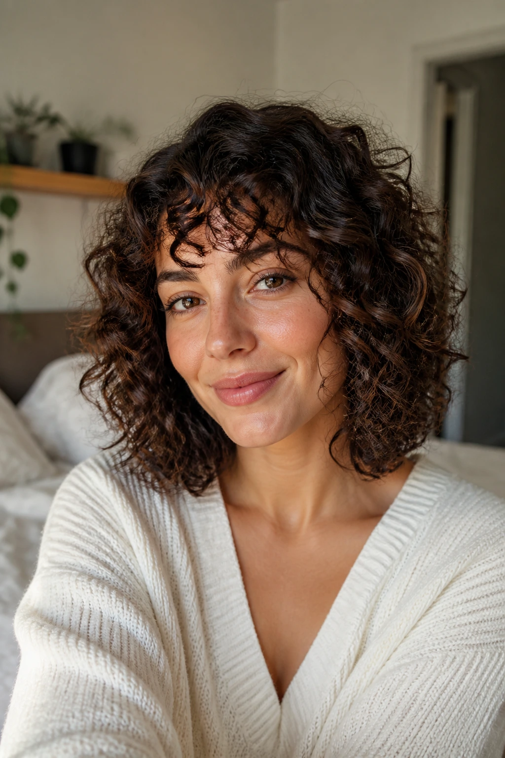 Real woman with curly long bob and defined curls