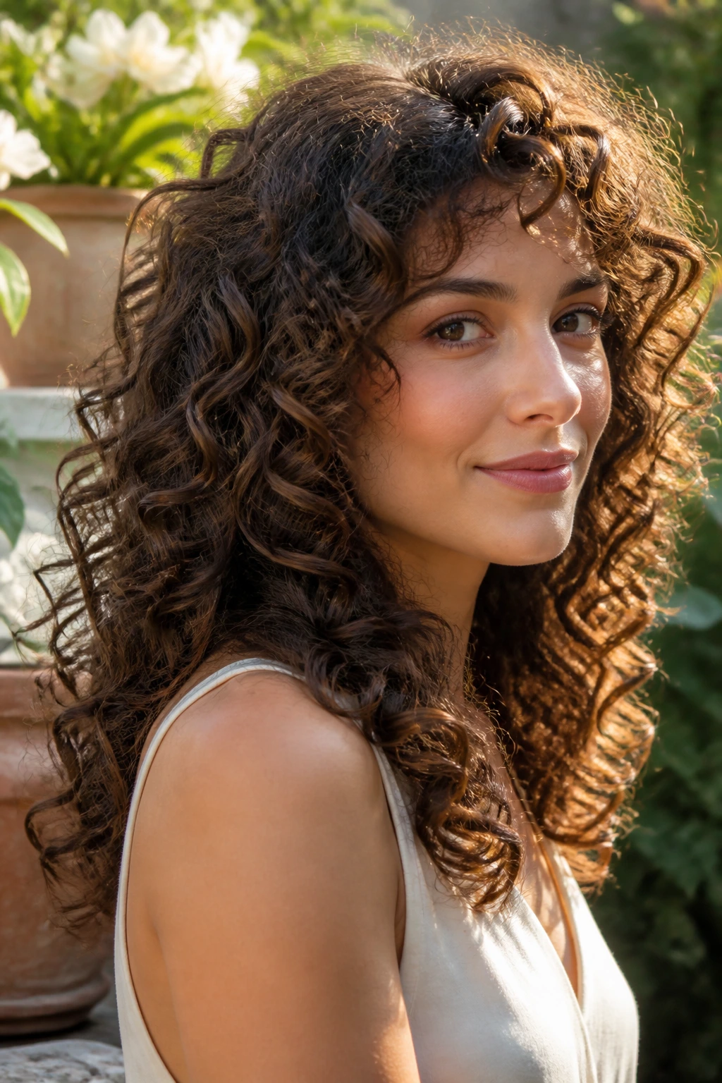 Close-up of a real person with curly long layers maintaining shape in sunlight