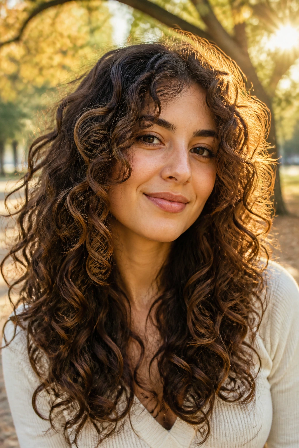 Close-up portrait of a real person with curly long layers and bouncy curls