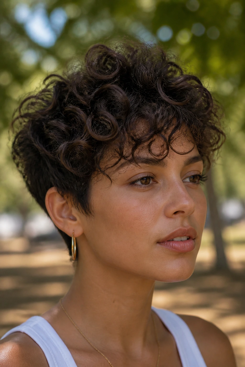 Close-up of woman with curly long pixie hairstyle